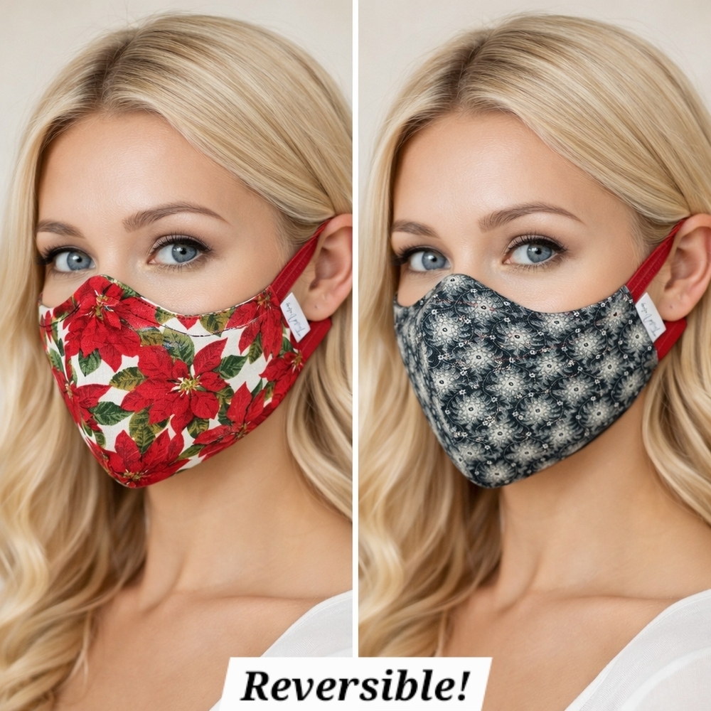 Handmade Ladies Reversible Face Mask in Red Poinsettias and Black Floral